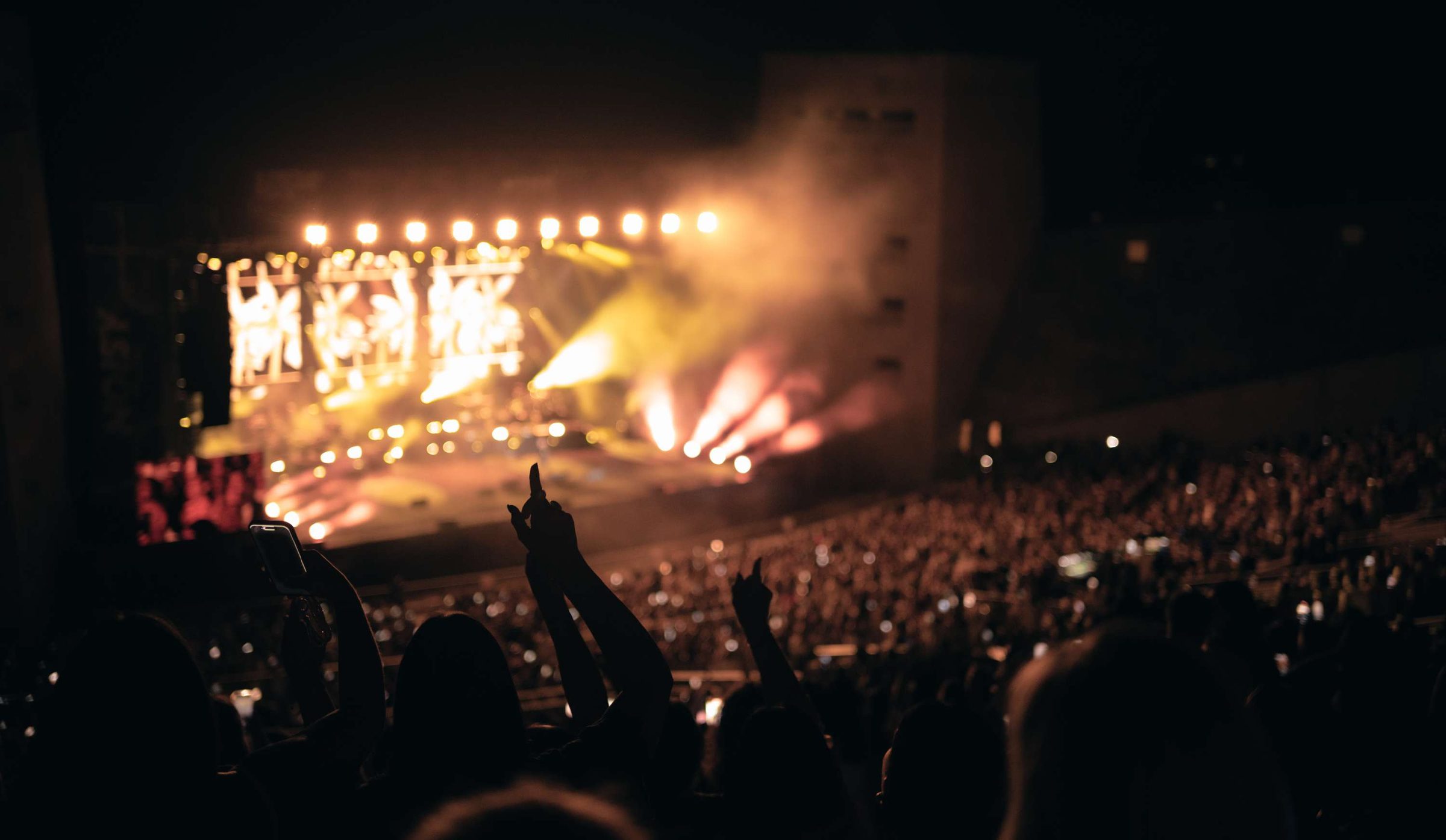 Il palco dell'Arena Flegrea di notte, con il pubblico a mani alzate